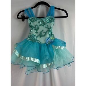 Girls Medium Teal‎ Blue Sequin Dance Costume Tutu Dress Sparkly Performance